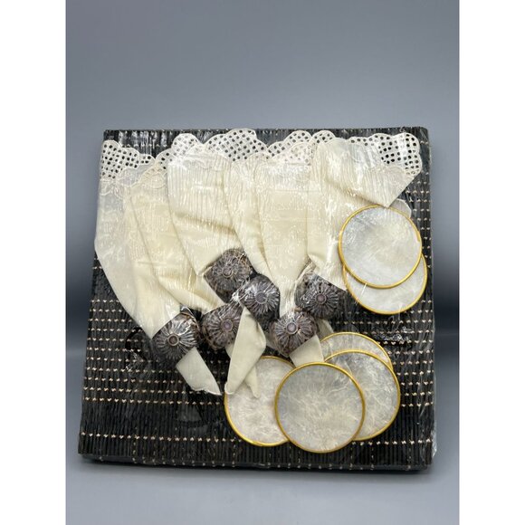 24 Pc Capiz Coasters Rattan Placemats Cowrie Shell Napkin Rings Lace Napkins Set - Picture 9 of 10